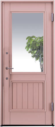 ローズカラーの玄関ドア、木製扉
