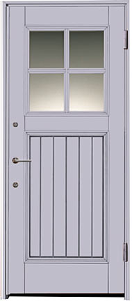 ラベンダー色の玄関ドア、木製扉