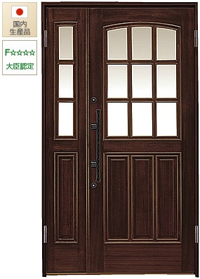 木製断熱玄関ドア、ガラス格子窓付きの親子ドア