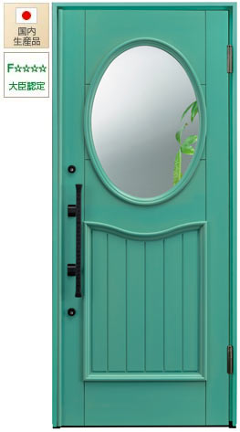 グリーン色塗装の日本製玄関ドア、木製ドアYH311