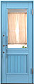 木製玄関ドア　カラー塗装　ブルー　水色　ガラス入り