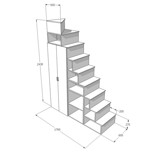 上がる方向とロフトの方向が異なるロフト用階段