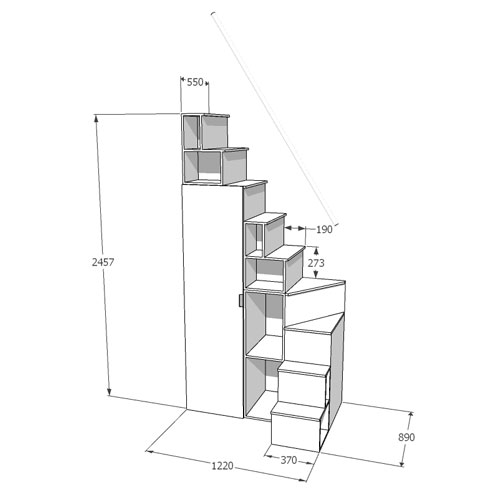 設置幅が狭い場合の収納付ロフト家具階段